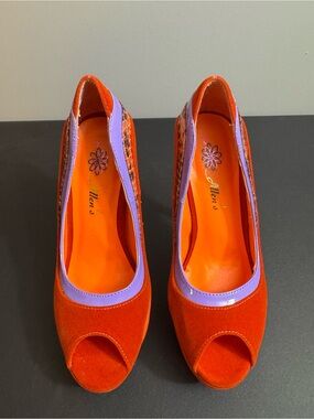 Women's Orange Peep-Toe Heels with Lavender Trim